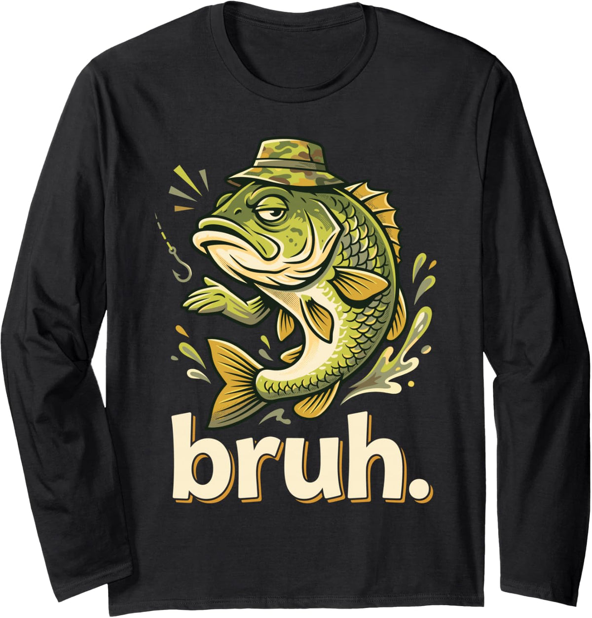 Bruh Fishing Funny Bass Fish Humor for Boys Kids Long Sleeve T-Shirt - Adult Unisex Black