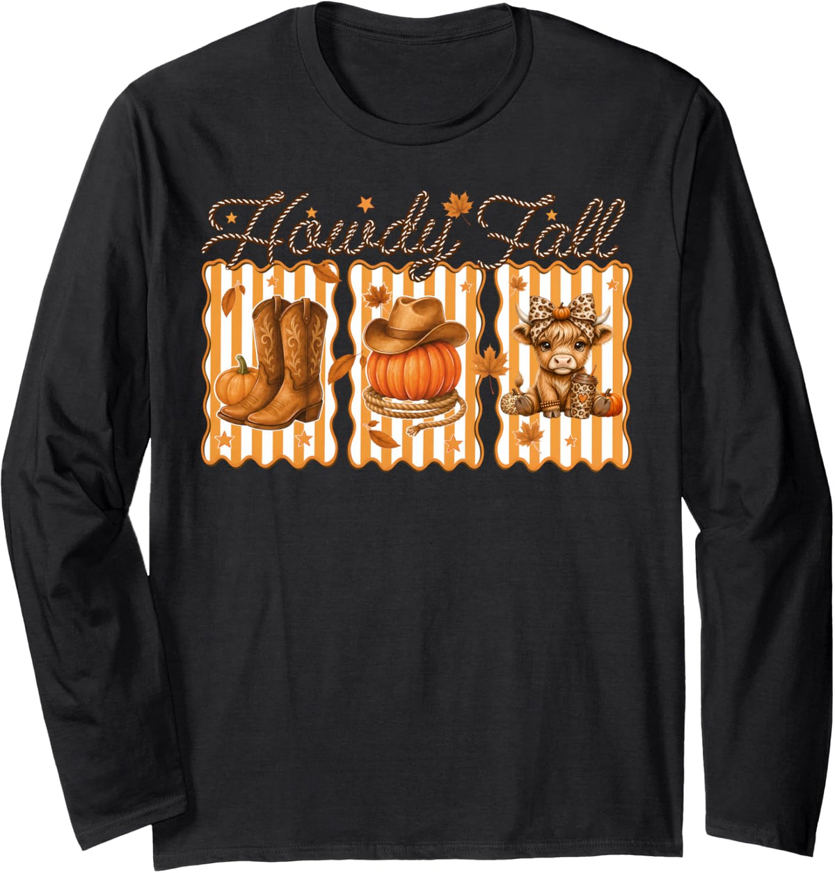 Howdy Fall Highland Cow Leopard Bow Pumpkin Cowboy Boots Hat Long Sleeve T-Shirt - Adult Unisex Black