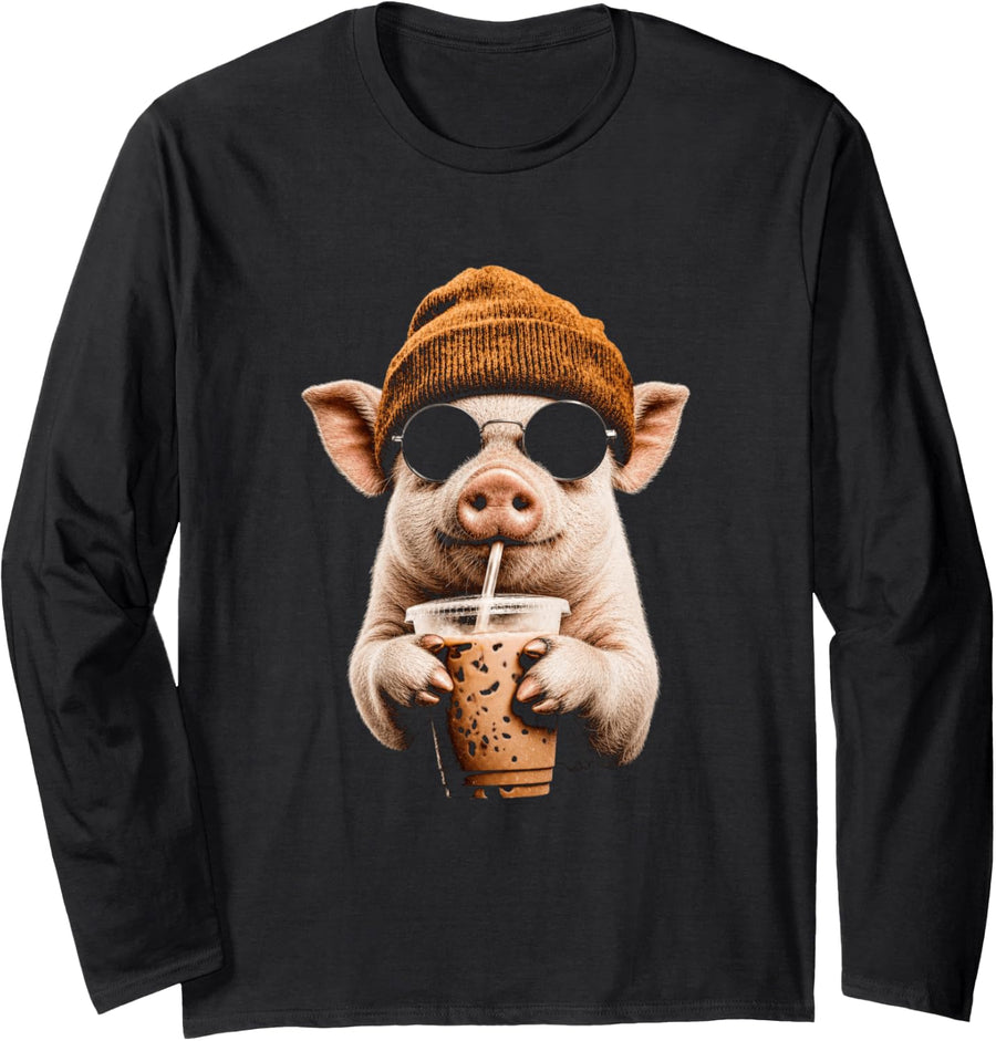 Pig Drinking Iced Coffee Funny Hipster Pig Lover Farm Animal Long Sleeve T-Shirt - Adult Unisex Black