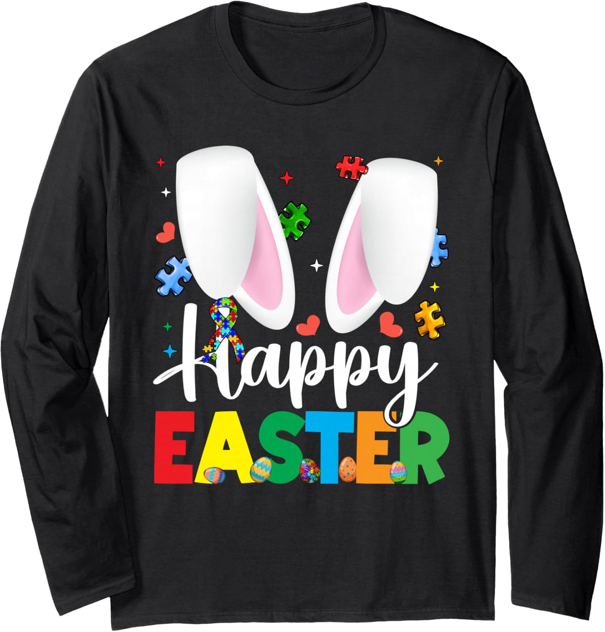 Cute Easter Bunny Autism Awareness Puzzle Boys Kids Men Long Sleeve T-Shirt - Adult Unisex Black