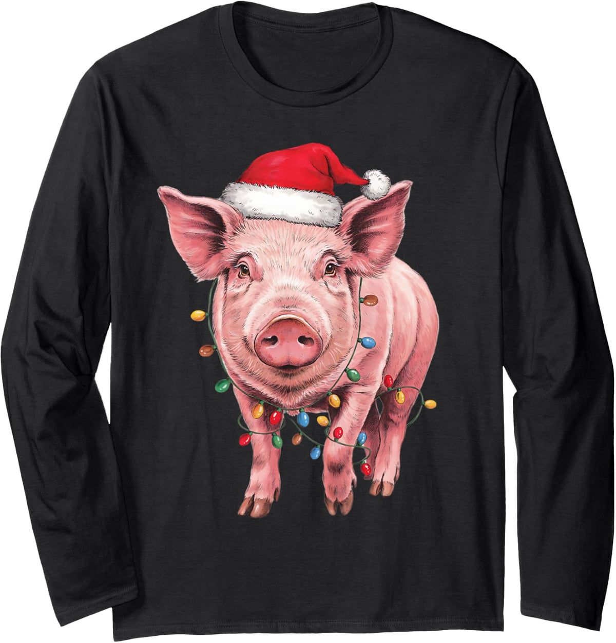 Funny Pig Christmas Lights Santa Hat Animal Lover Mom Dad Long Sleeve T-Shirt - Adult Unisex Black