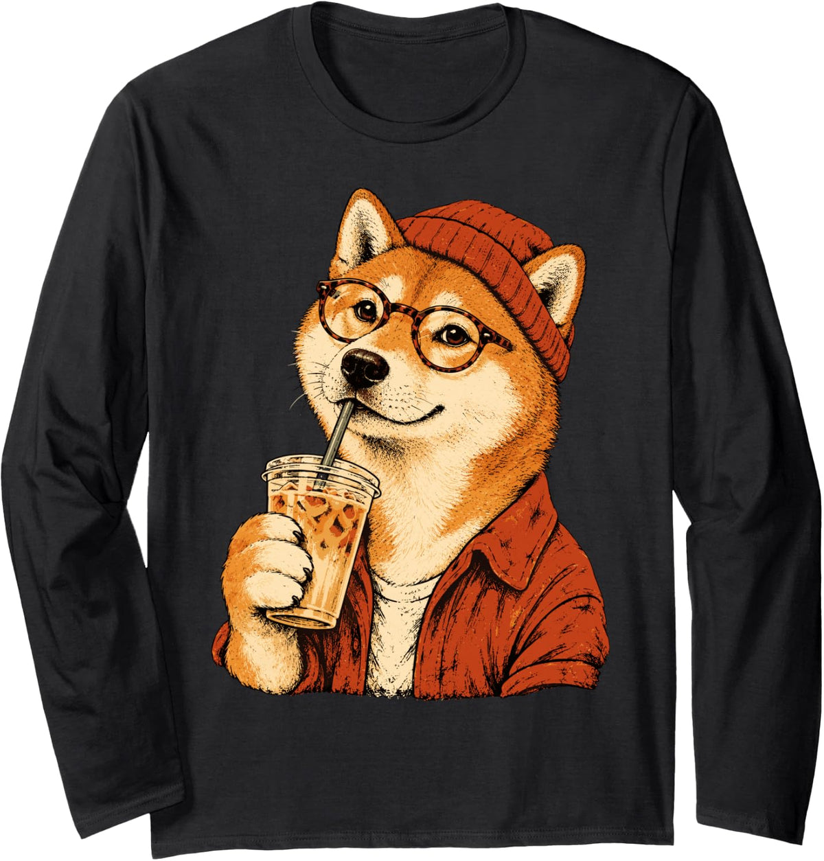 Shiba Inu Dog Hipster Iced Coffee Funny Shiba Inu Long Sleeve T-Shirt - Adult Unisex Black