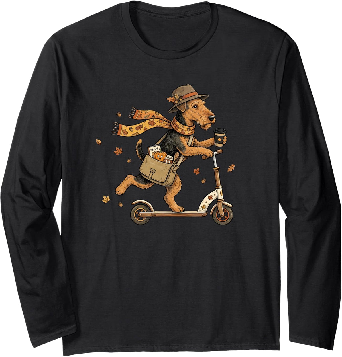 Autumn Scooter Airedale Terrier Thanksgiving Womens Mens Kid Long Sleeve T-Shirt - Adult Unisex Black
