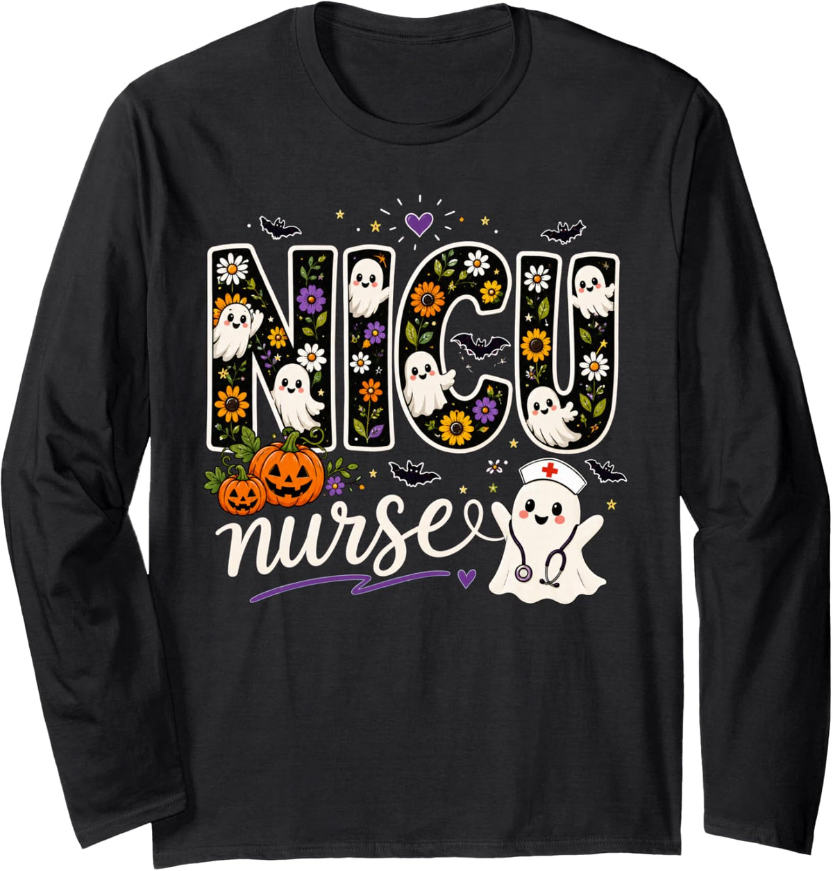 NICU Nurse Halloween Ghost Floral Spooky Pumpkin Neonatal Long Sleeve T-Shirt - Adult Unisex Black