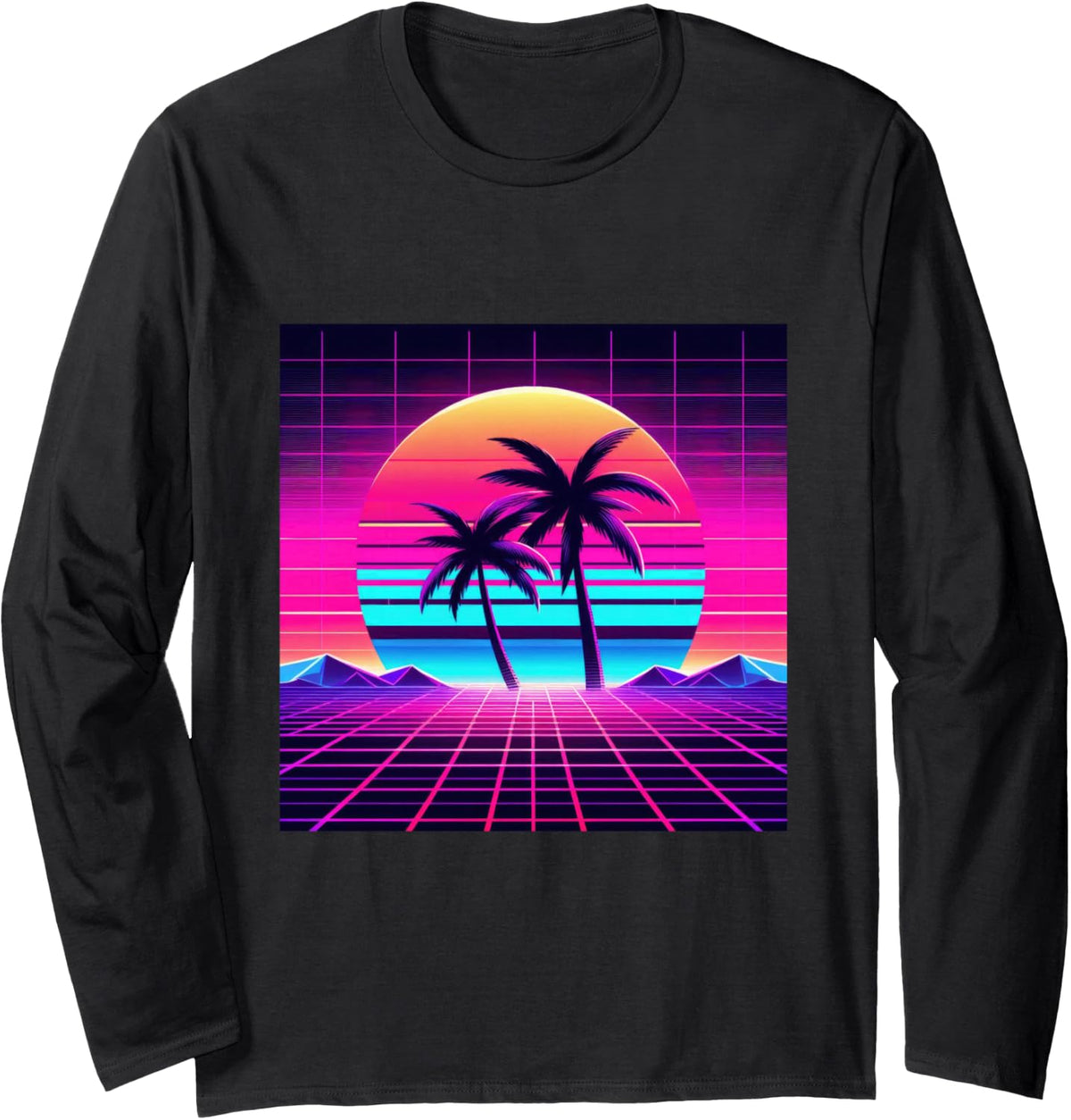 Synthwave Retro Vaporwave Tropical Palm Trees Sunset 90s Art Long Sleeve T-Shirt - Adult Unisex Black