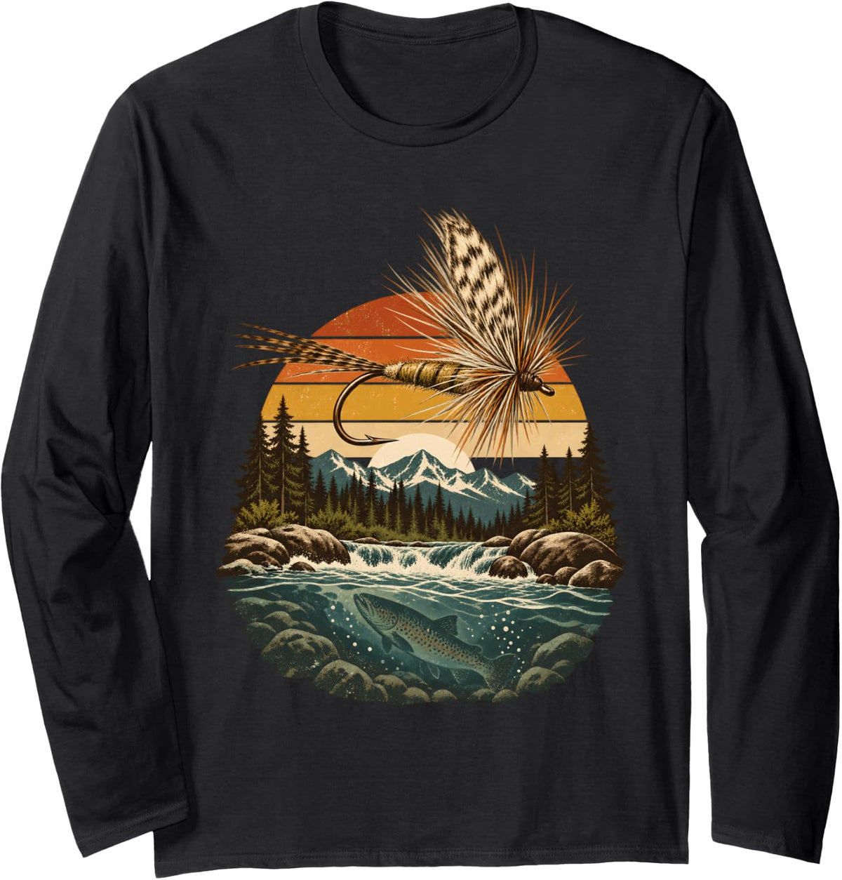 Retro Mountain Stream Fly Fishing Trout Angler Long Sleeve T-Shirt - Adult Unisex Black