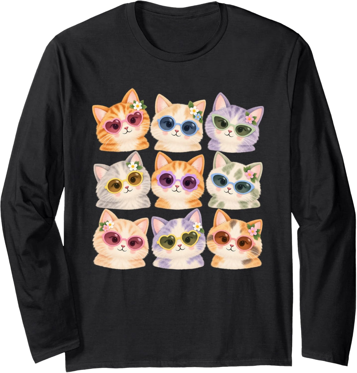 Soft Storybook Cat Lover Summer Vibes Tee Cats in Sunglasses Long Sleeve T-Shirt - Adult Unisex Black