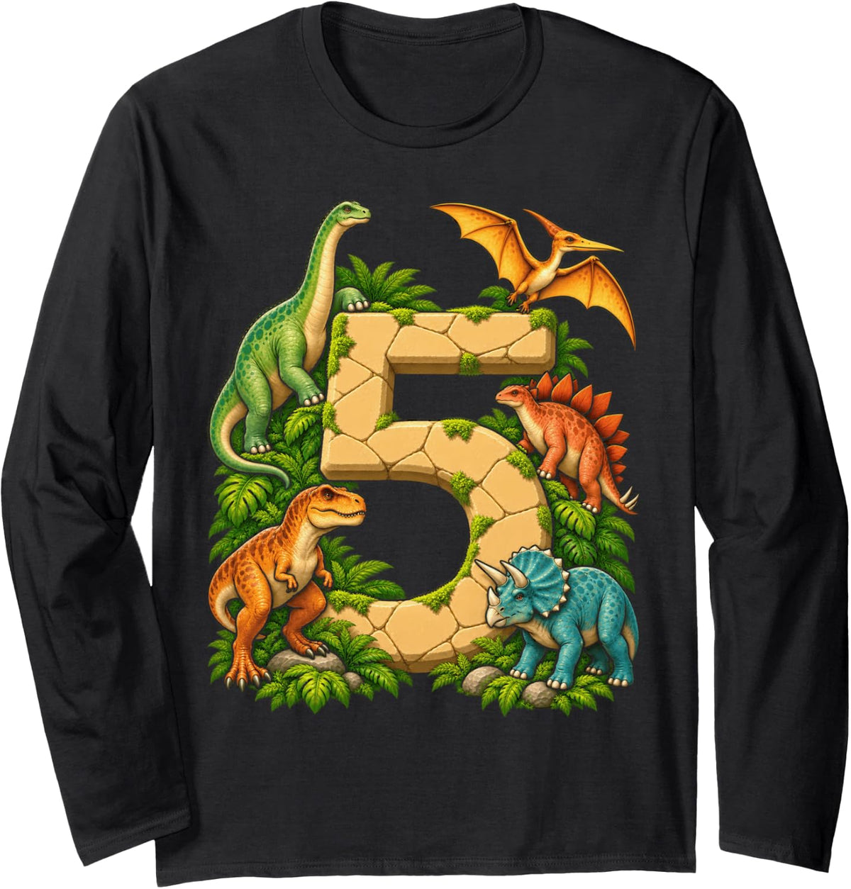 Dinosaur 5th Birthday Party T Rex Number 5 Year Old Jurassic Long Sleeve T-Shirt - Adult Unisex Black