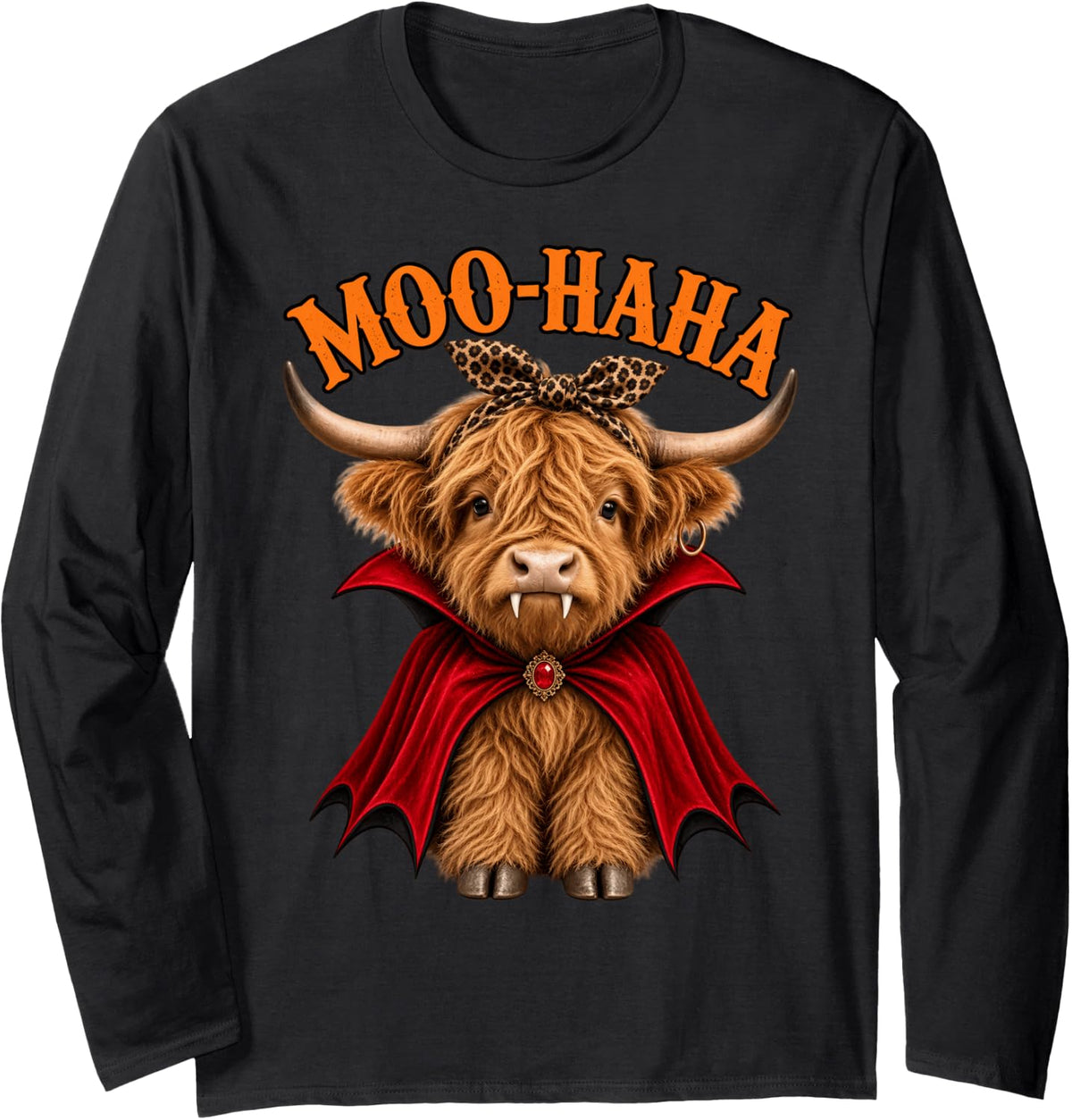 Moo Haha Highland Cow Vampire Funny Halloween Couple Woman Long Sleeve T-Shirt - Adult Unisex Black