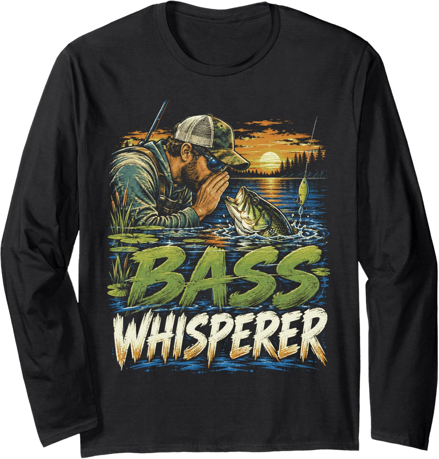 Fishing Bass Season Whisperer for Lake Anglers Long Sleeve T-Shirt - Adult Unisex Black
