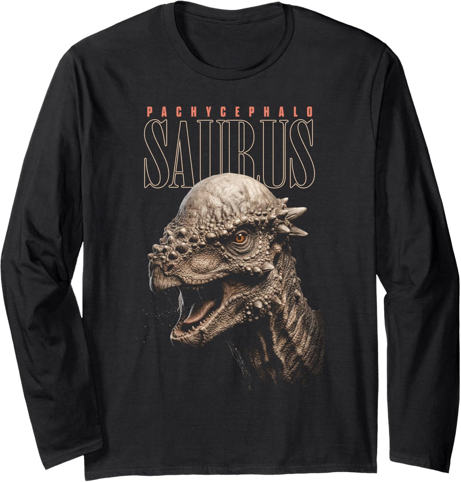 Pachycephalosaurus Face Dinosaur Wildlife Nature Dino Long Sleeve T-Shirt - Adult Unisex Black