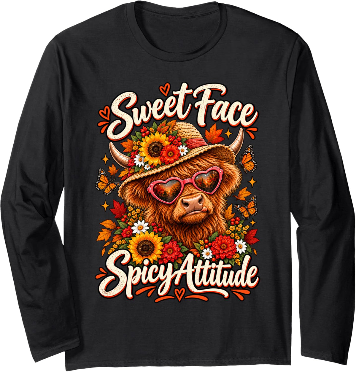 Sweet Face Spicy Attitude Funny Highland Cow Long Sleeve T-Shirt - Adult Unisex Black
