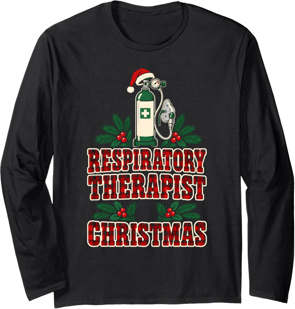 Respiratory Therapist Christmas Buffalo Plaid Festive RT Long Sleeve T-Shirt - Adult Unisex Black
