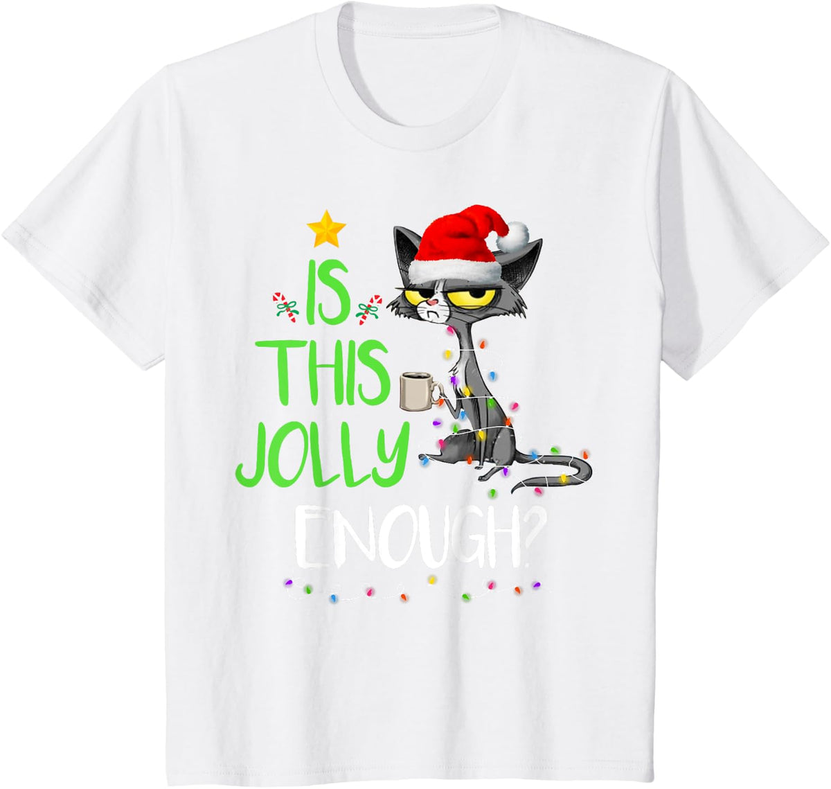 Is This Jolly Enough Black Cat Merry Christmas Tree Lights T-Shirt for Men Women Kids - White