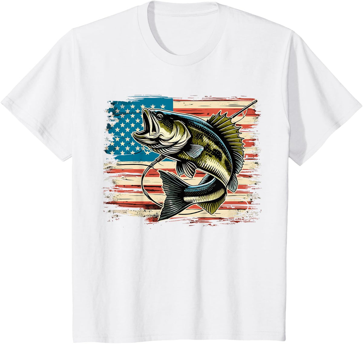 Patriotic Bass Fishing American Flag Fish T-Shirt - White