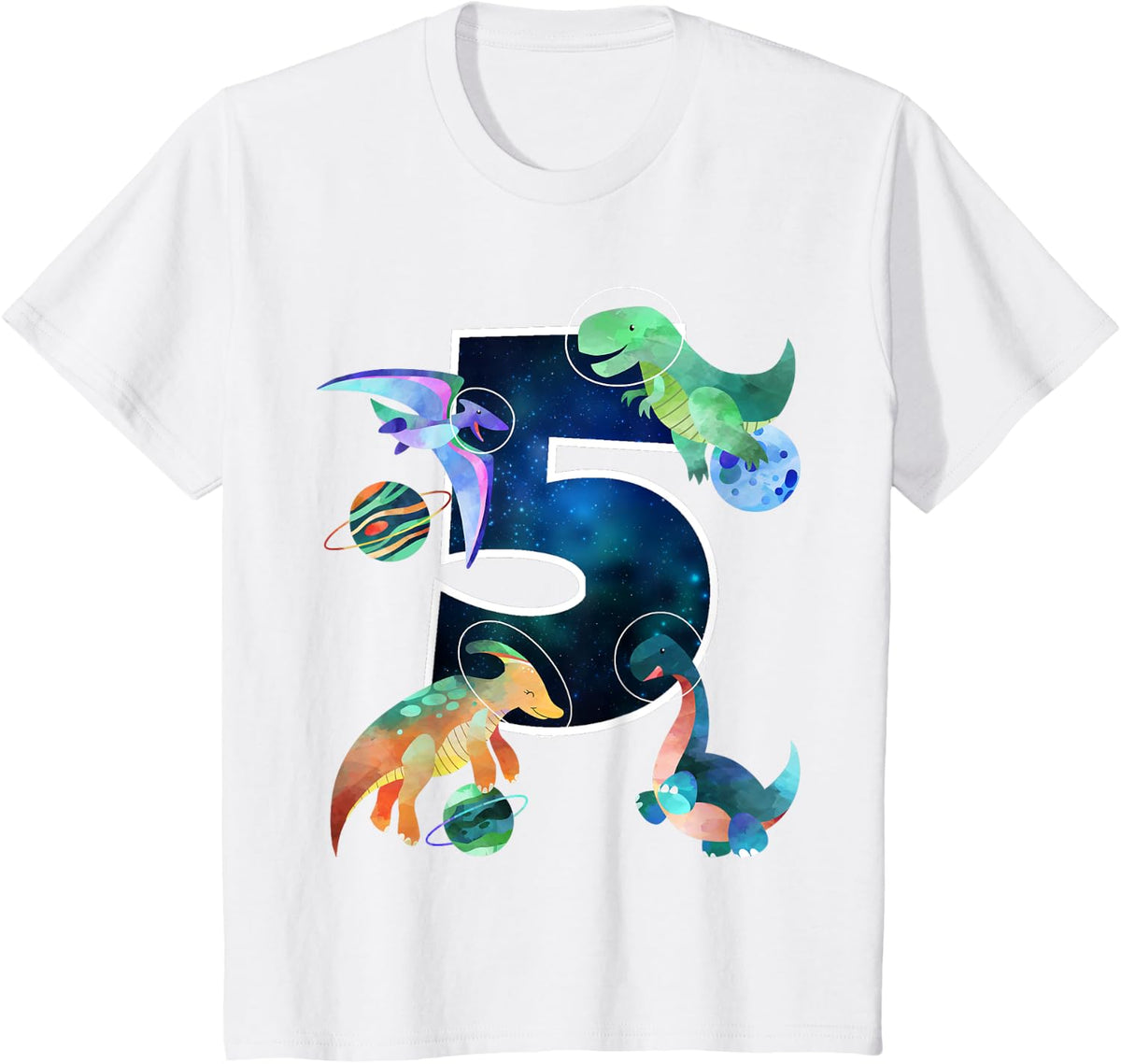 Kids Astronaut Outer Space Dinosaurs 5th Birthday Boy Gift T-Shirt Tee - White