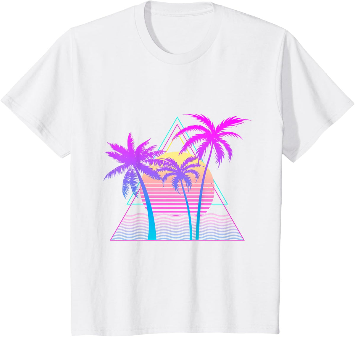 Retro 1980s 1990s Vaporwave Palm Trees Beach Sunset Surf Art T-Shirt - White