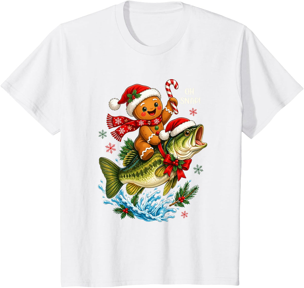 Gingerbread Riding Bass Fish Christmas Fishing Xmas T-Shirt - White