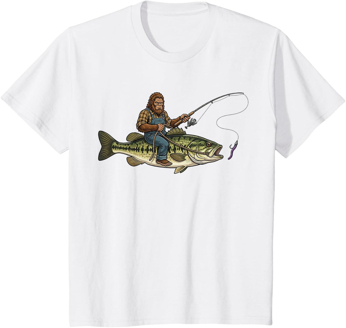 Largemouth Bass Fishing Bigfoot Riding Fisherman Funny T-Shirt - White