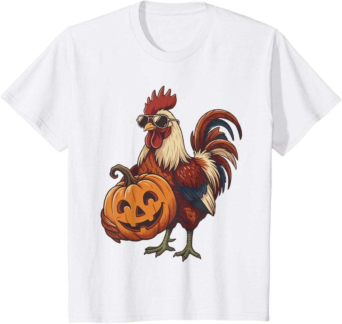 Sunglasses Chicken Holding Pumpkin Vintage Halloween Farmer T-Shirt - White