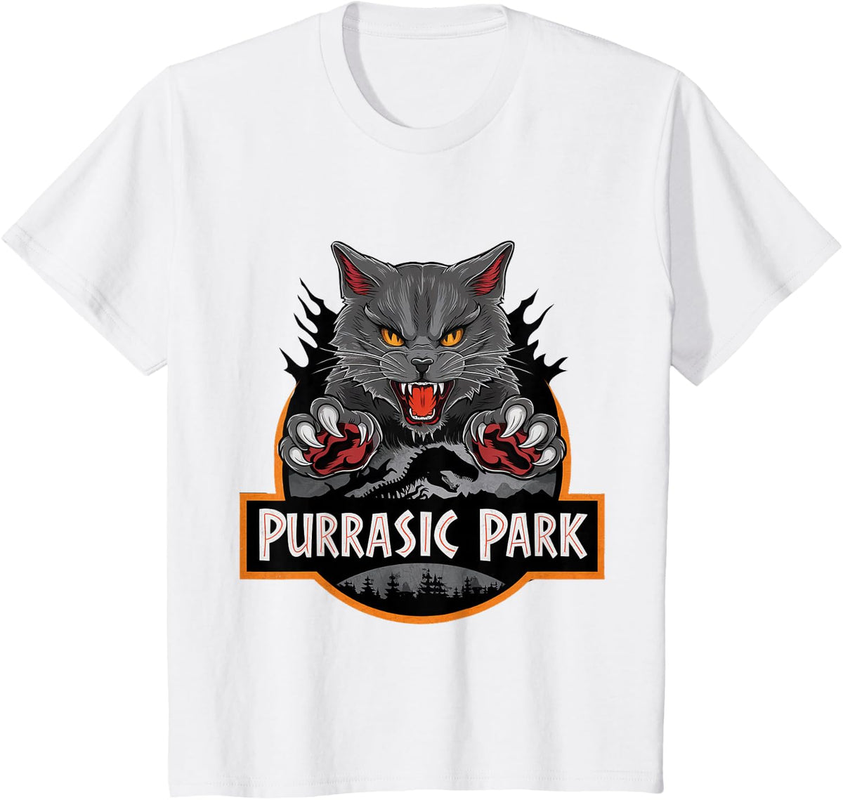 Purrasic Park Cat T-Rex Ancient Feline Dinosaur T-Shirt - White