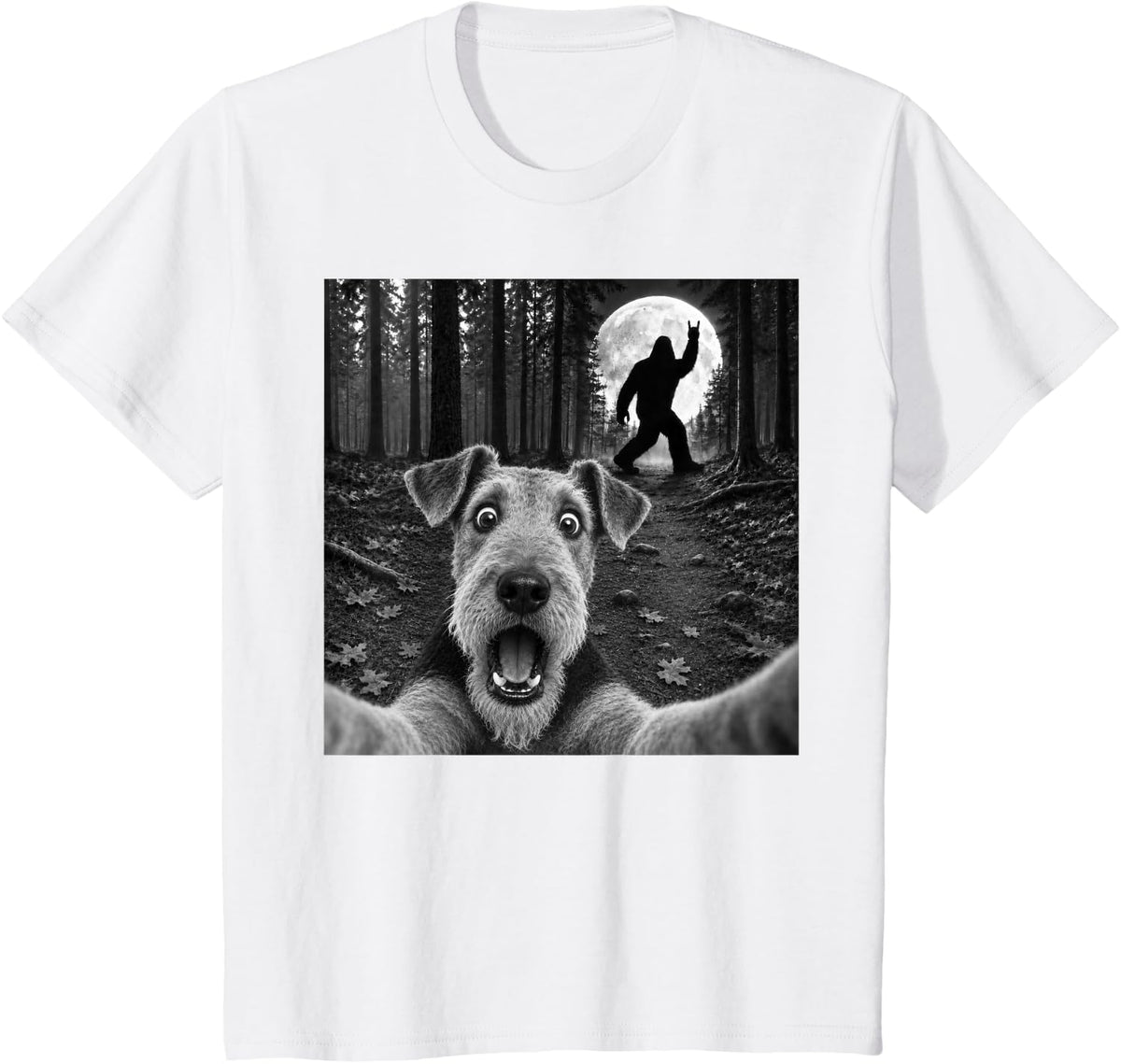 Airedale Terrier Selfie Bigfoot Rock and Roll Dog Sasquatch T-Shirt - White