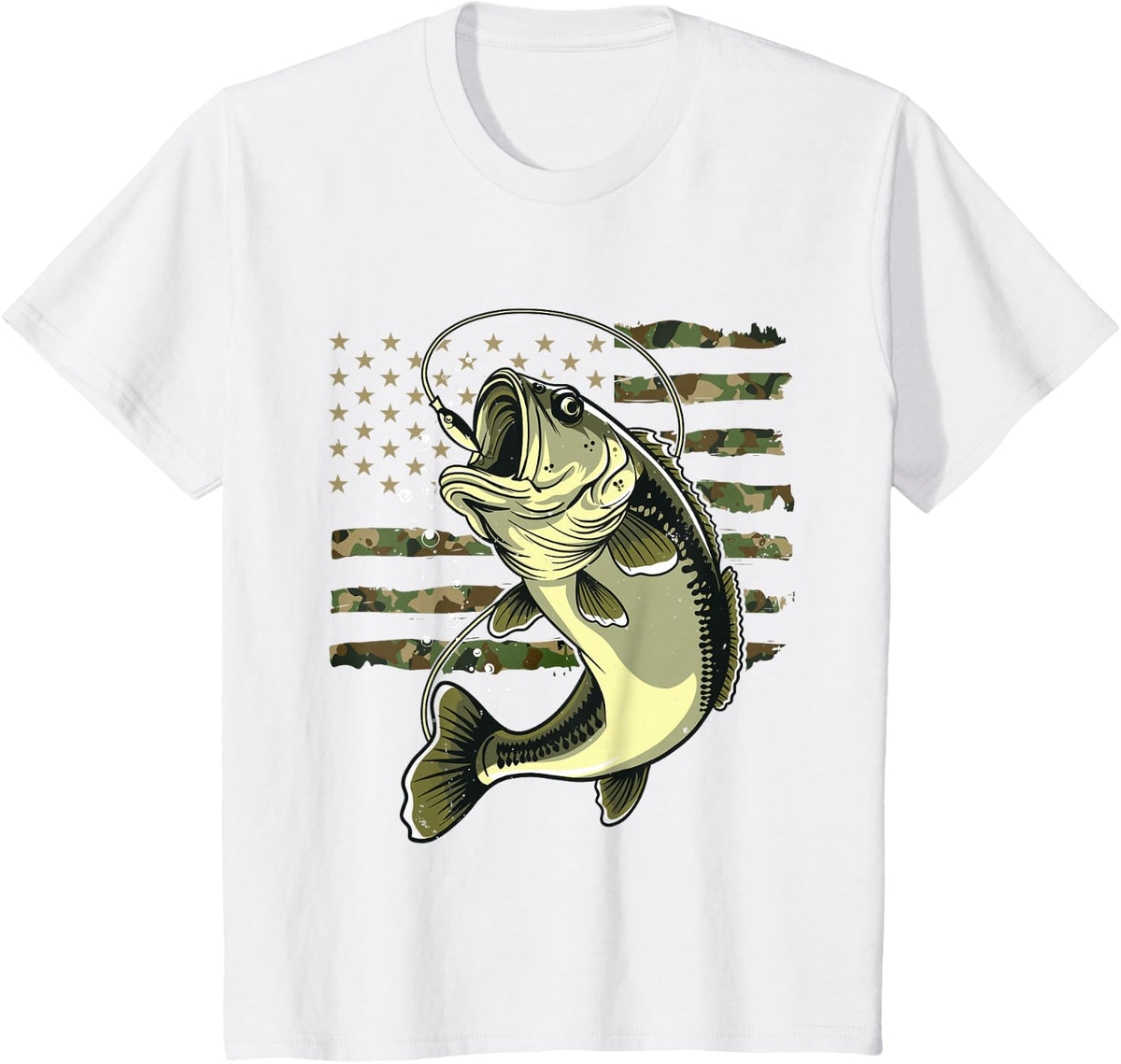 Bass Fish Fishing USA American Flag Camouflage Fisherman T-Shirt - White