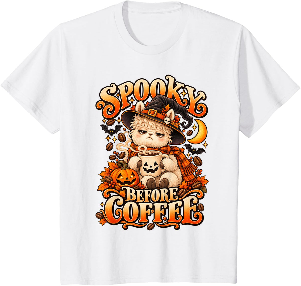 Grumpy Alpaca Coffee Lover Halloween Witch Fall Humor T-Shirt - White