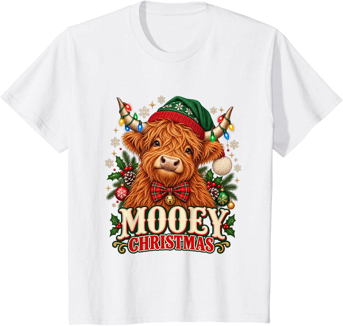Western Mooey Christmas Santa Highland Cow Farm Animals Xmas T-Shirt - White