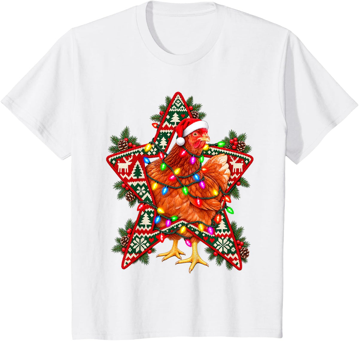 Christmas Chicken Bold Santa Hat Diamond Holiday Motif T-Shirt - White