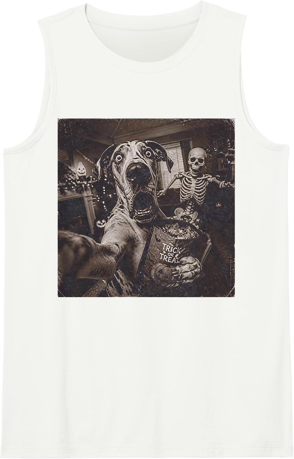 Great Dane Dog Skeleton Selfie Funny Dog Meme Halloween Sleeveless Tank Top - White