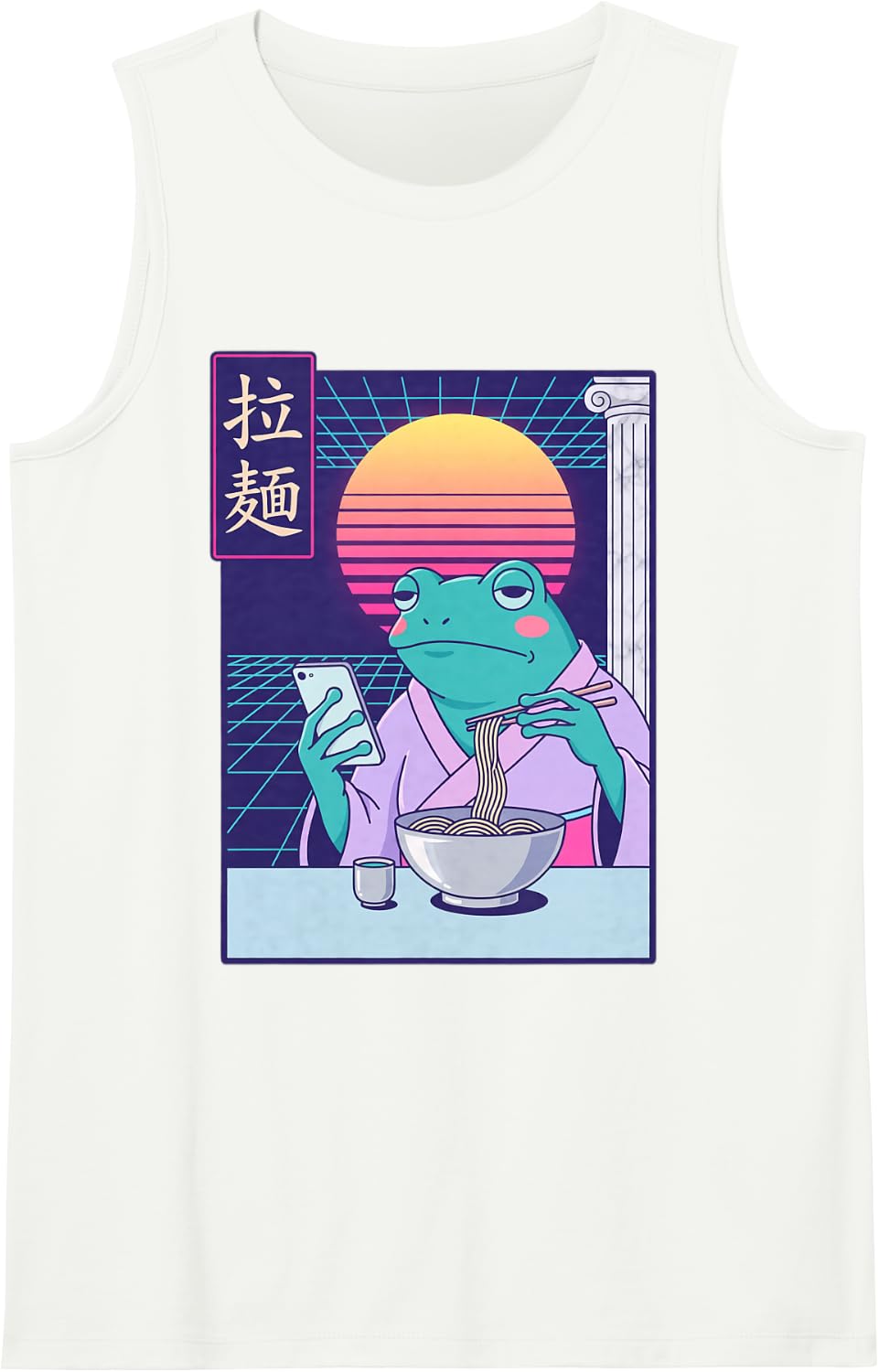 Funny Frog Phone Scrolling Ramen Noodles Vaporwave Retro 80s Sleeveless Tank Top - White