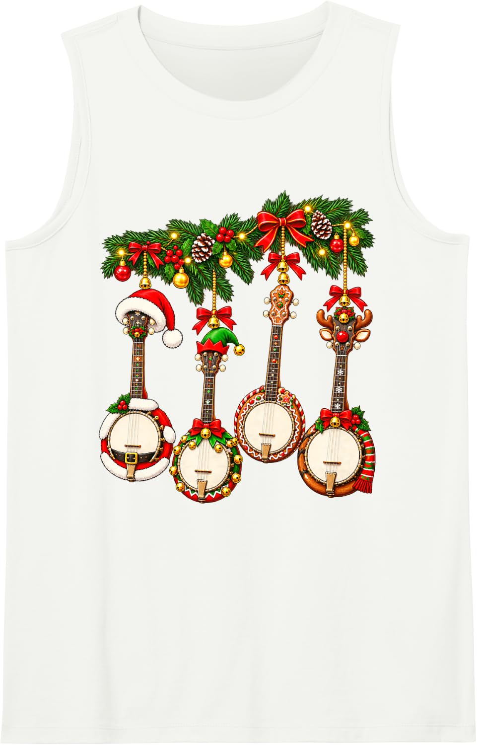 Merry Banjo Reindeer Christmas Music Holiday Christmas Cheer Sleeveless Tank Top - White