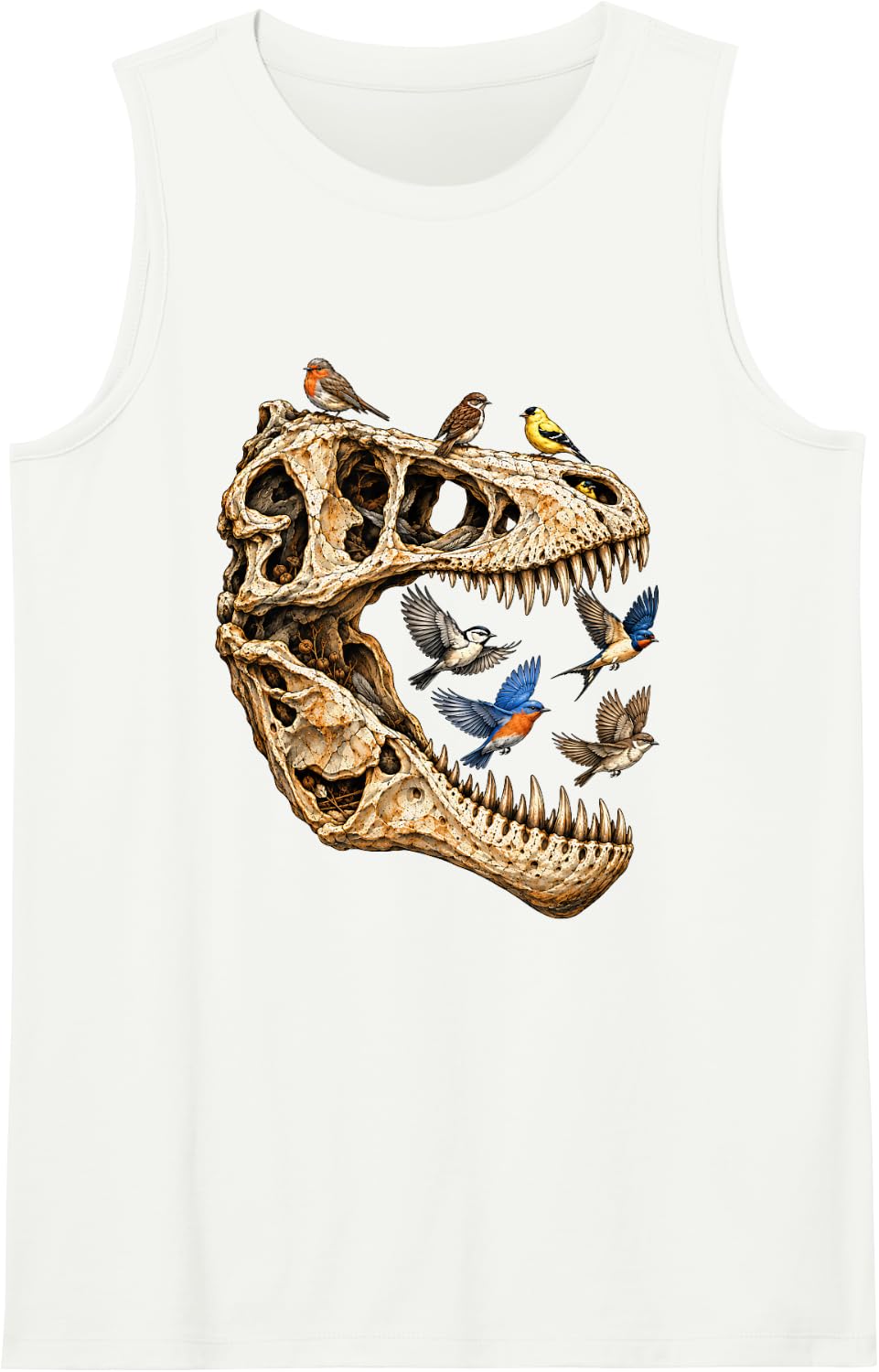 Dinosaur Skull with Songbirds Fossil Nature Lover Sleeveless Tank Top - White