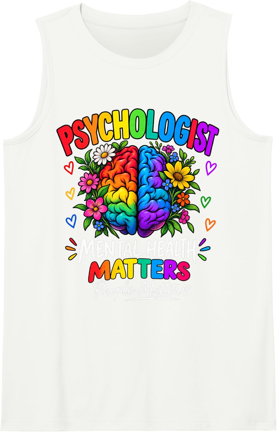 Psychologist Mental Health Matters Rainbow Brain Flowers Sleeveless Tank Top - White
