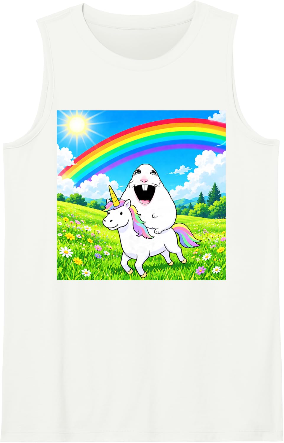 Happy Hamster Riding Unicorn Gen Alpha Gen Z Funny Meme Sleeveless Tank Top - White