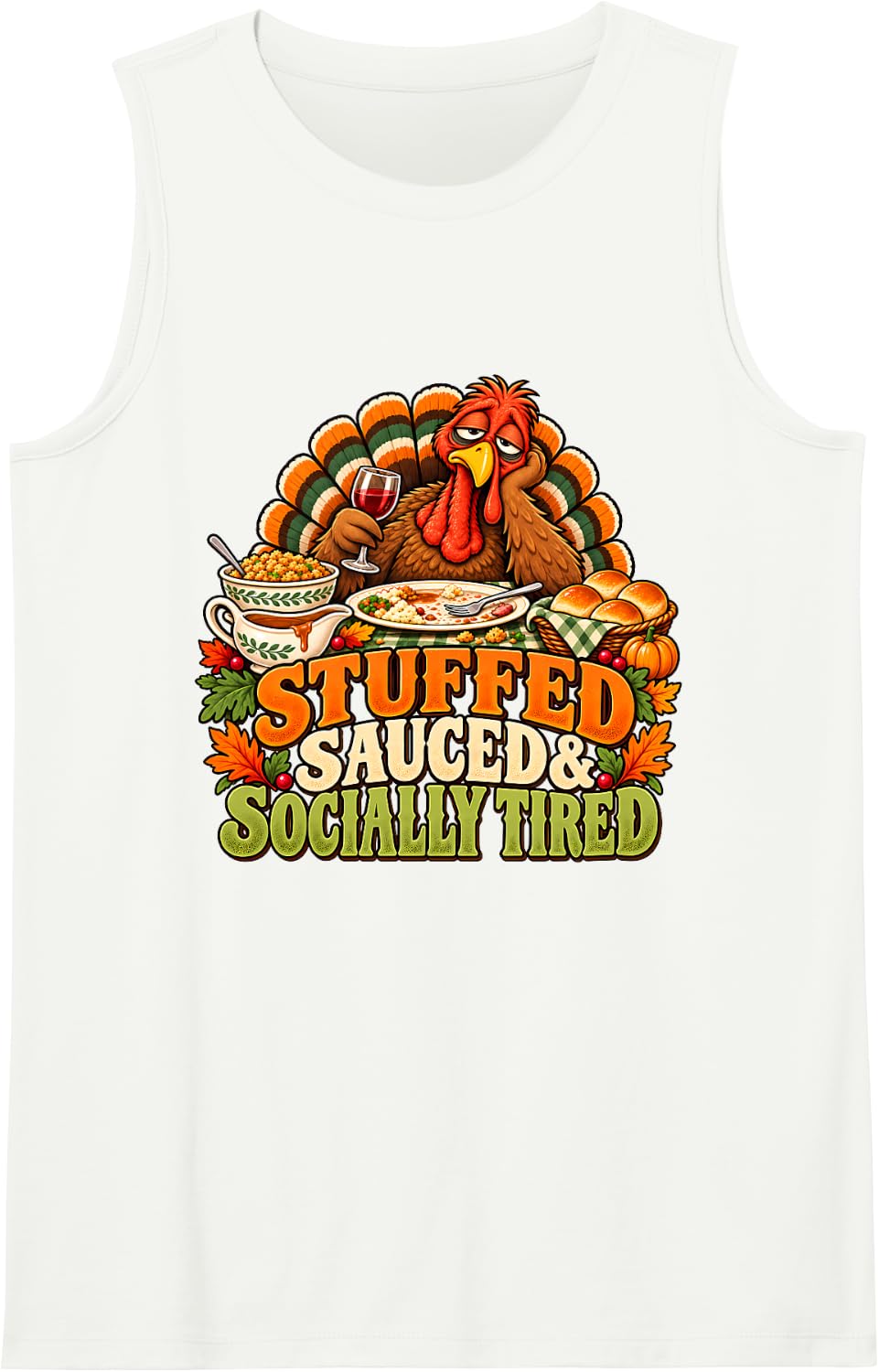 Stuffed Sauced & Socially Tired Funny Thanksgiving Turkey Sleeveless Tank Top - White