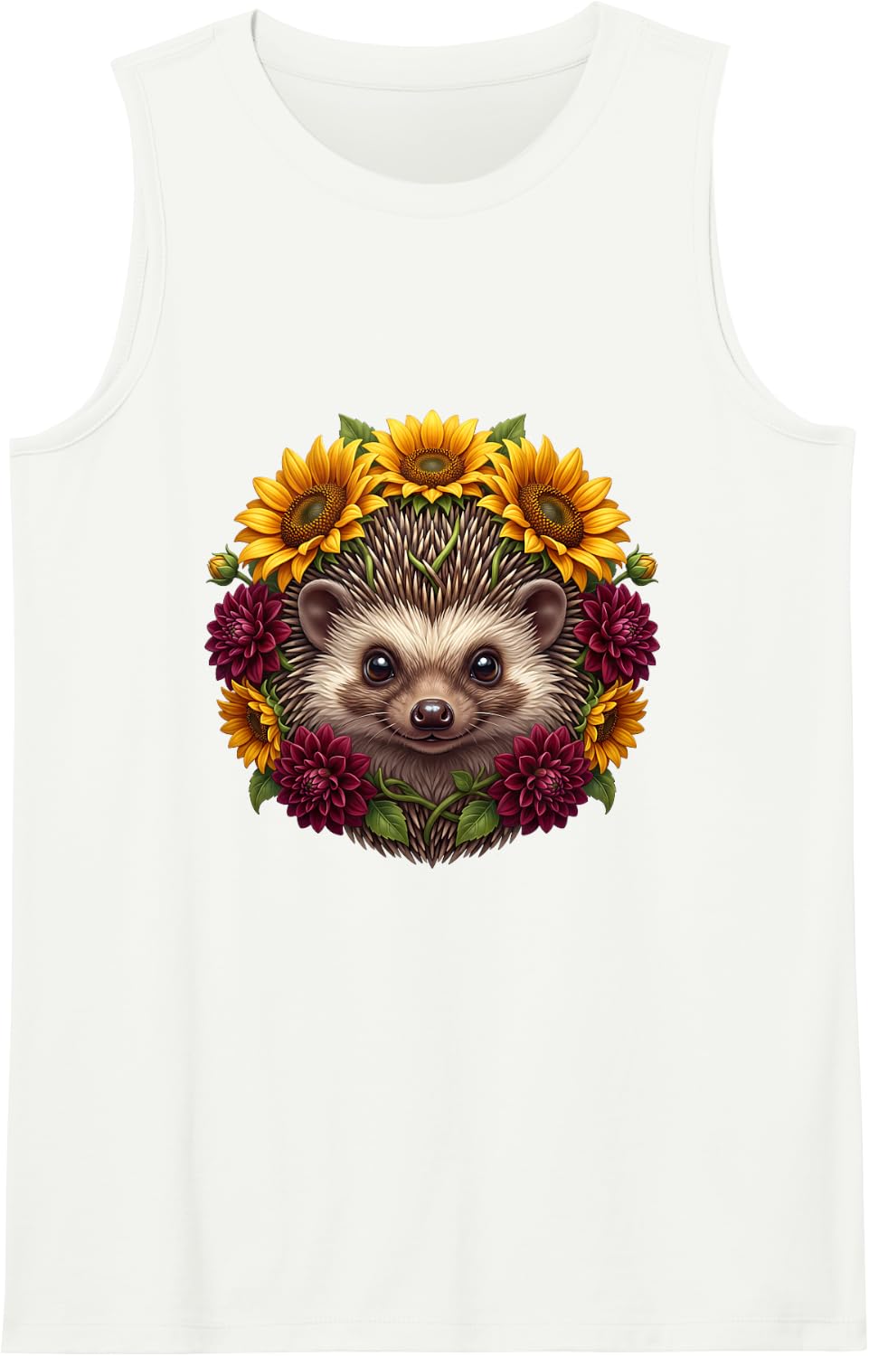 Little Hedgehog with Sunflowers and Red Dahlias Sleeveless Tank Top - White