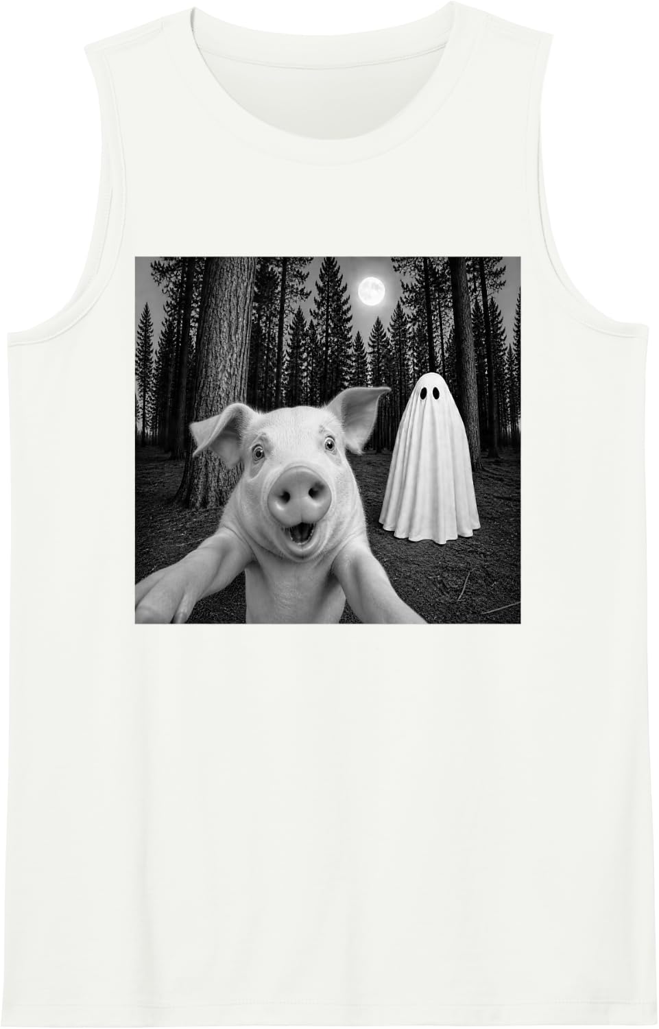 Spooky Pig Selfie with Ghost Halloween Farm Animal Sleeveless Tank Top - White