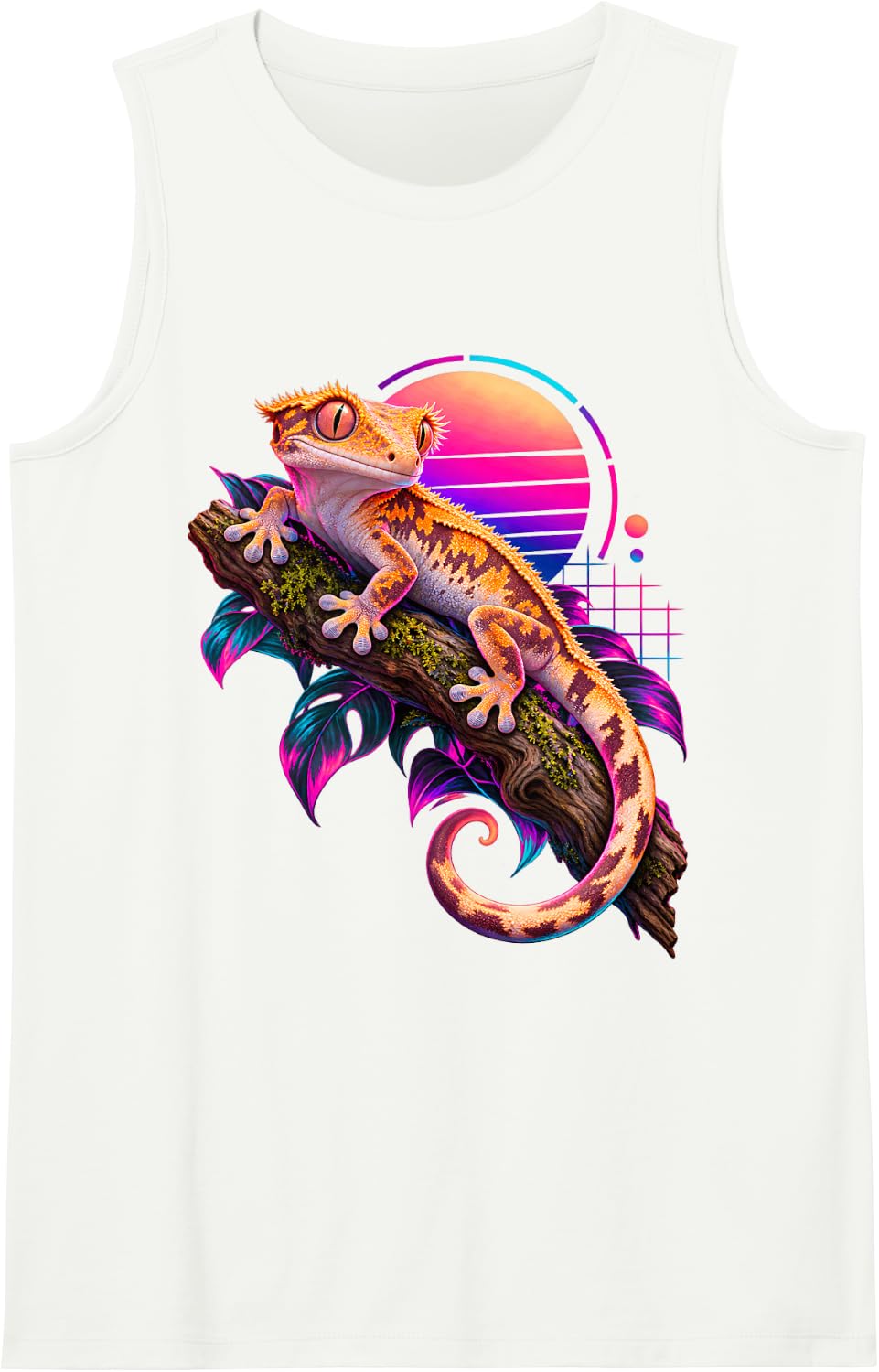 Crested Gecko Retro Synthwave Sunset Reptile Sleeveless Tank Top - White