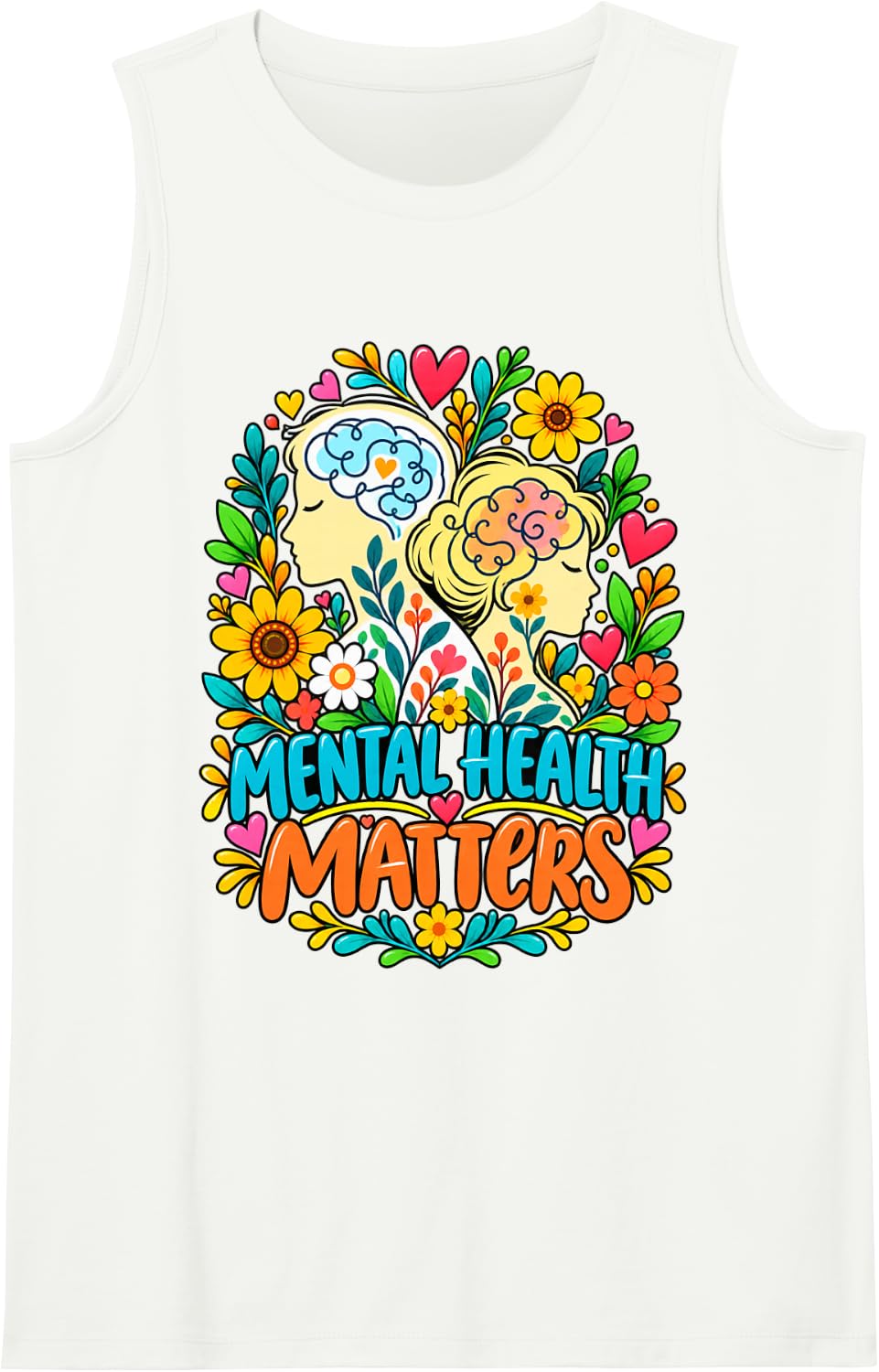 Mental Health Matters Floral Brain Awareness Inspirational Sleeveless Tank Top - White