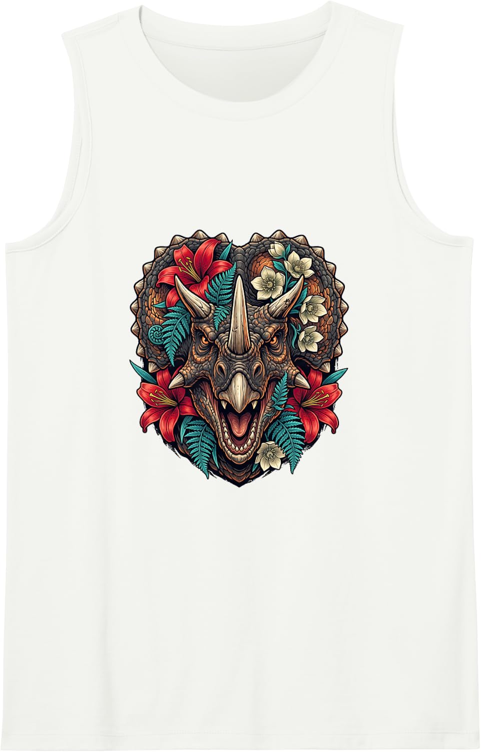 Triceratops Portrait with Botanical Details Sleeveless Tank Top - White