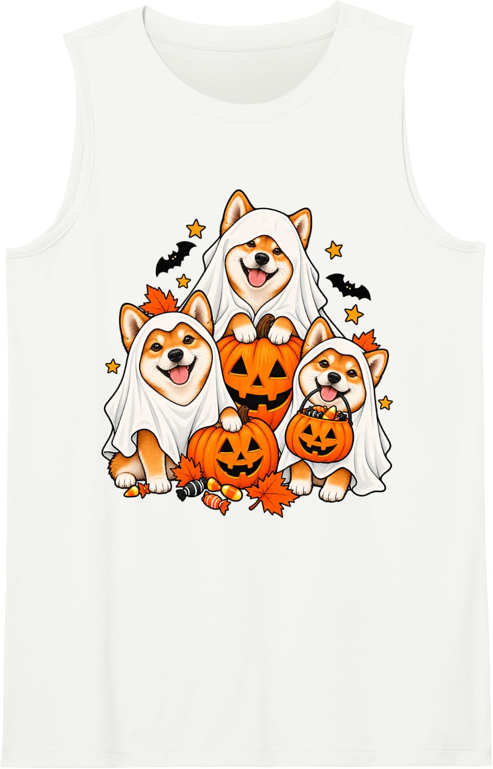 Cute Ghost Shiba Inu Dogs and Pumpkins Dog Lover Halloween Sleeveless Tank Top - White