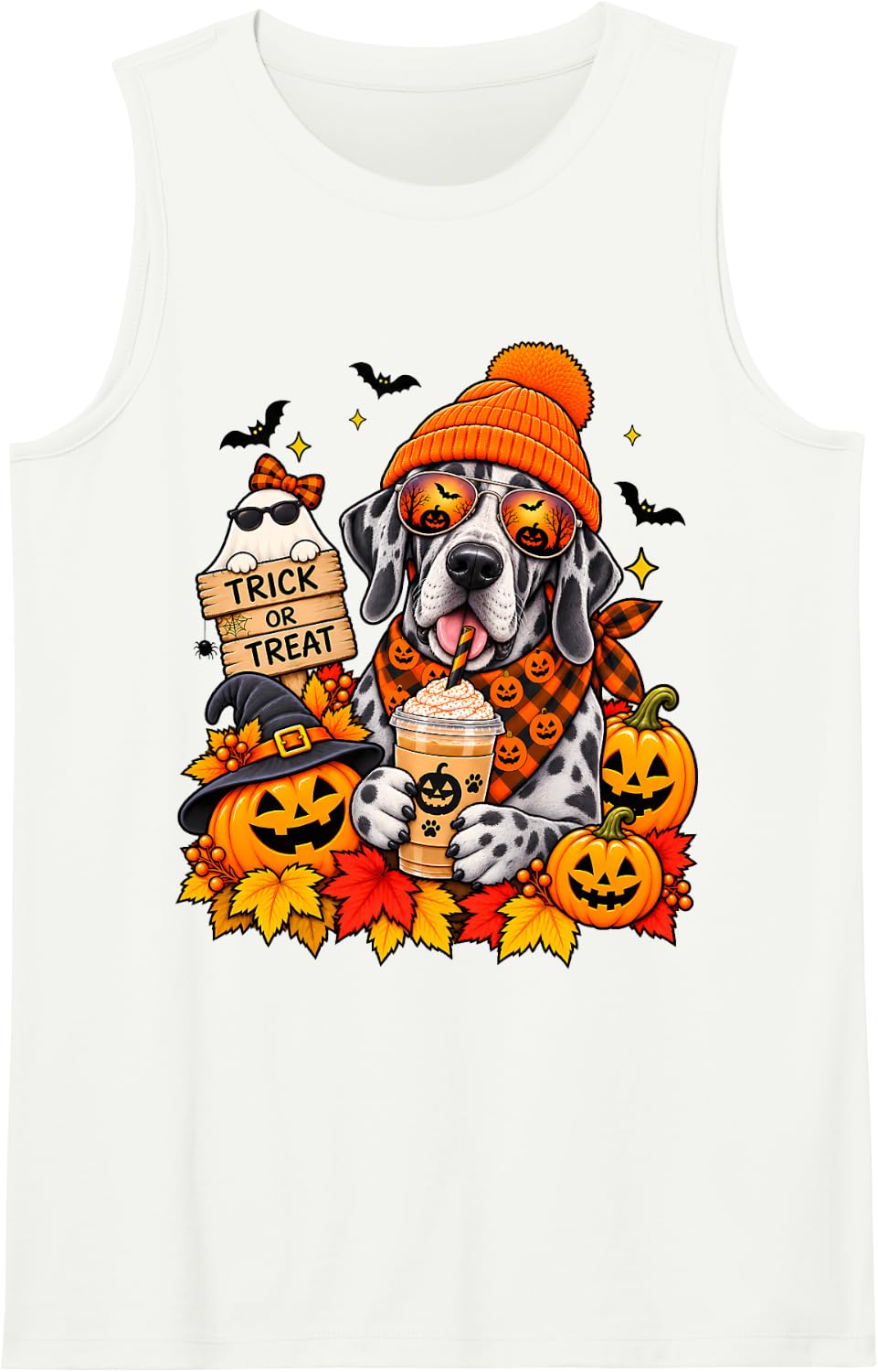 Great Dane Pumpkin Spice Coffee Dog Lover Fall Halloween Sleeveless Tank Top - White