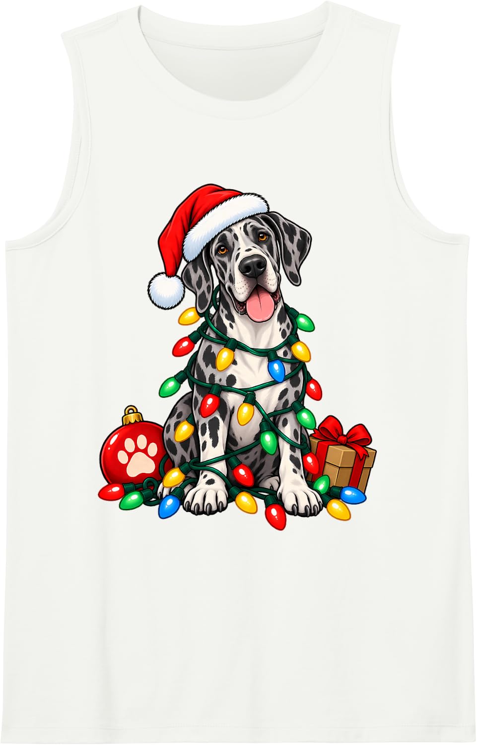 Santa Great Dane Christmas Lights Funny Dog Lover Xmas Sleeveless Tank Top - White