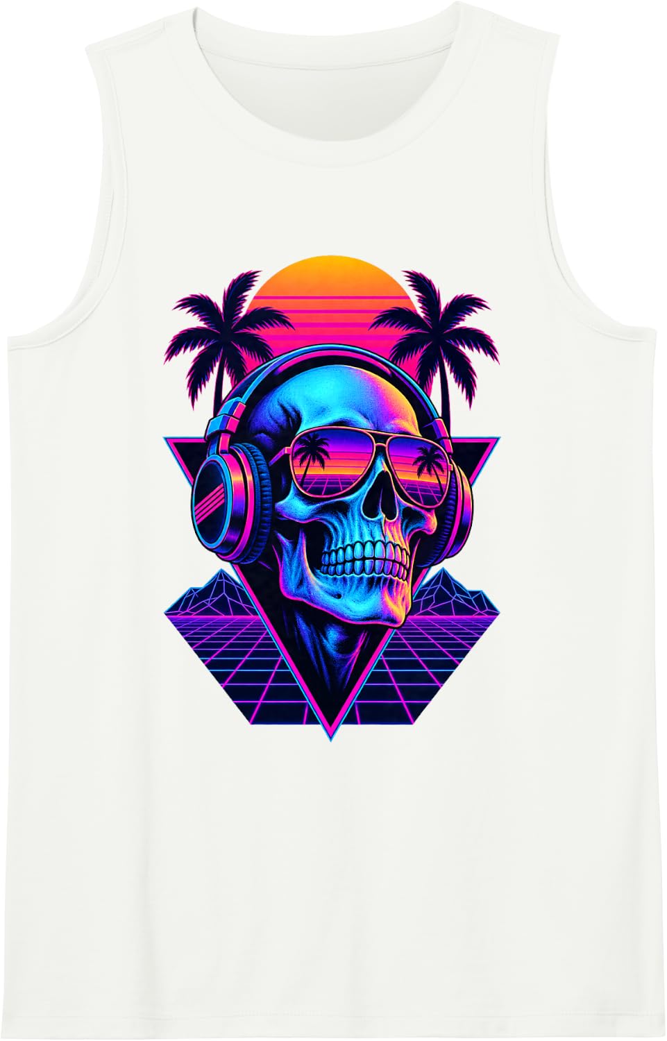 Retro Synthwave Skull Headphones Palm Sunset Music Lover Sleeveless Tank Top - White