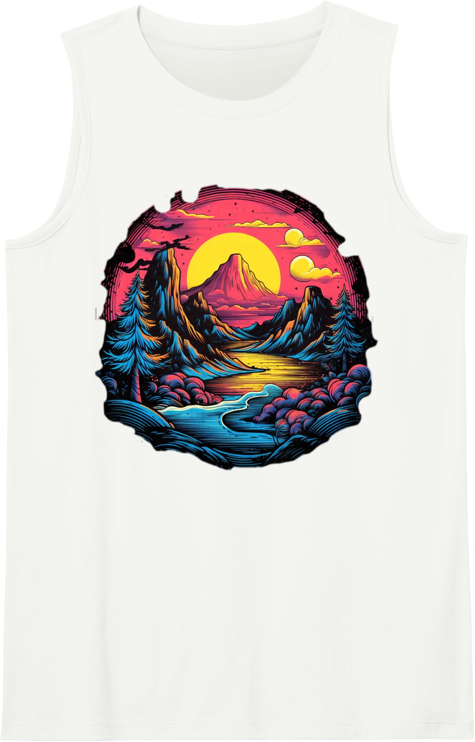 Synthwave Mountain Sunset Sleeveless Tank Top - White