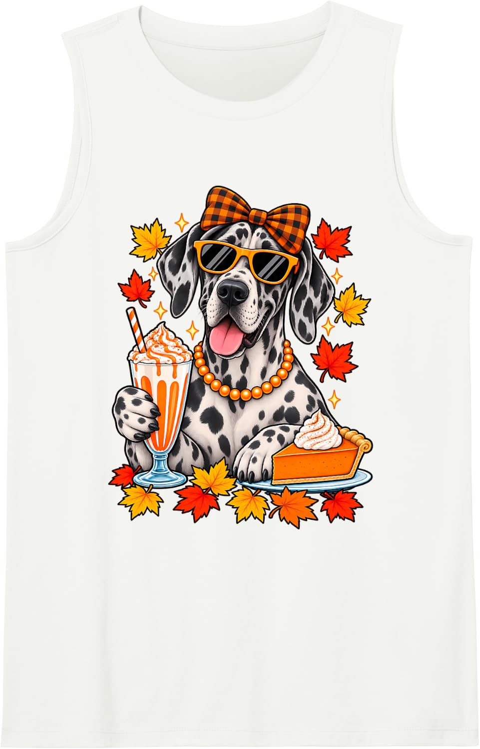 Great Dane Dog Bow Fall Autumn Leaves Thanksgiving Sleeveless Tank Top - White