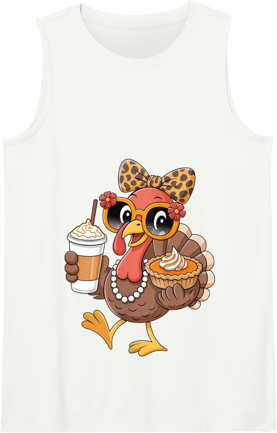 Turkey Drinking Coffee Bow Thanksgiving Leopard Women Tank Top - White