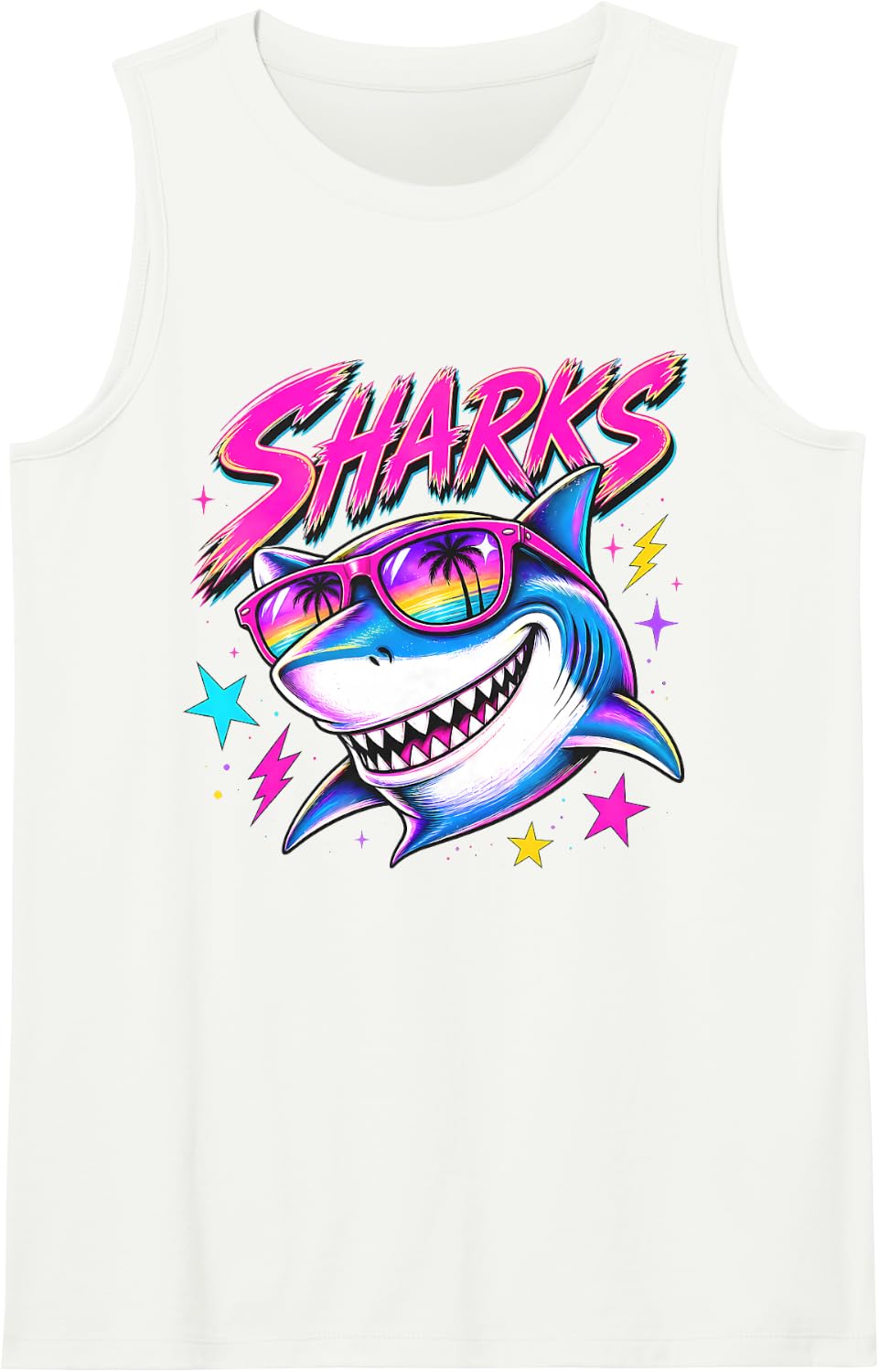 Sharks Spirit 80s Synthwave Cool Mascot for Men Women Kids Sleeveless Tank Top - White